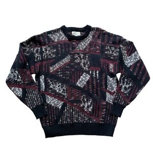 Vintage Chapel Hill Mens XL Abstract Geometric Knit Sweater Black Red 90s